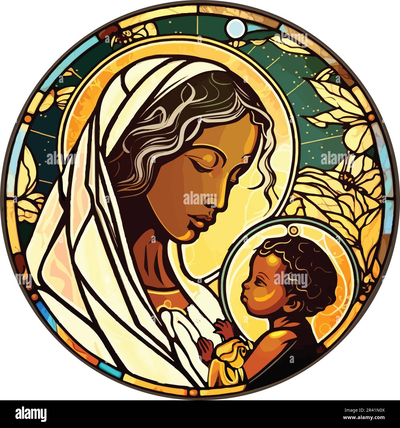 Vektor der afrikanischen Maria und Jesuskind, rund, Buntglas-Stil Stock Vektor