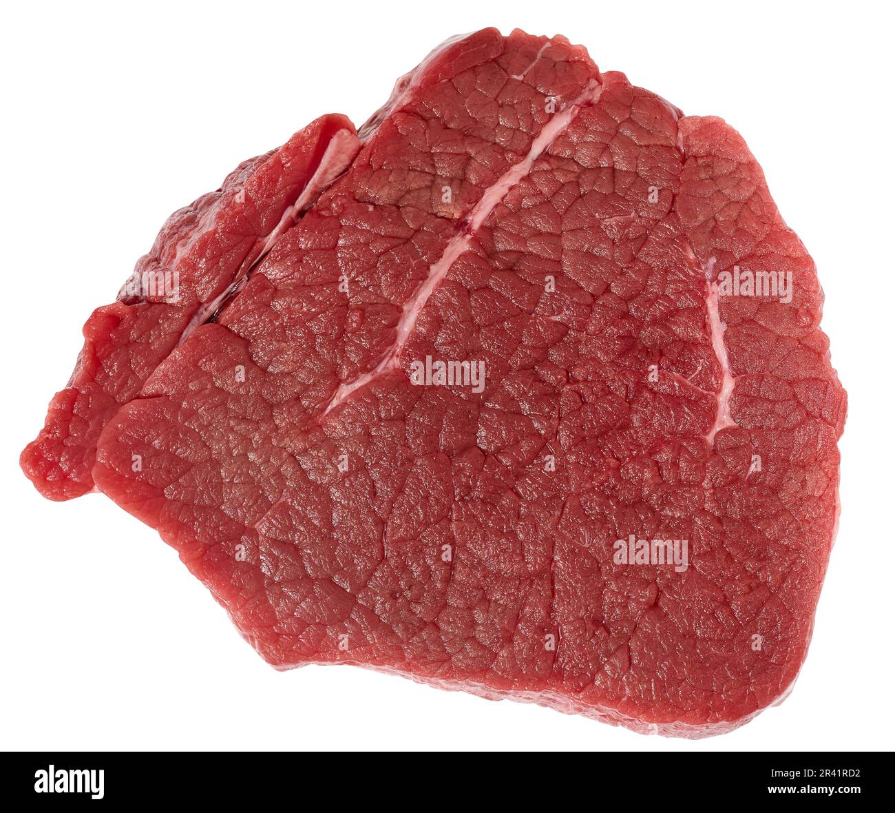 Rundes rohes Rindersteak auf einem weißen, isolierten Hintergrund Stockfoto