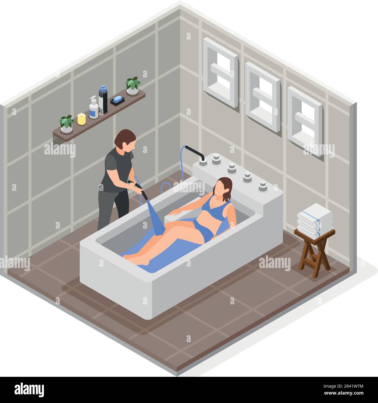 Variköse isometrische Zusammensetzung mit isolierter Sicht auf den Behandlungsraum mit der Darstellung des Arztes, der eine badende Frau ist Stock Vektor