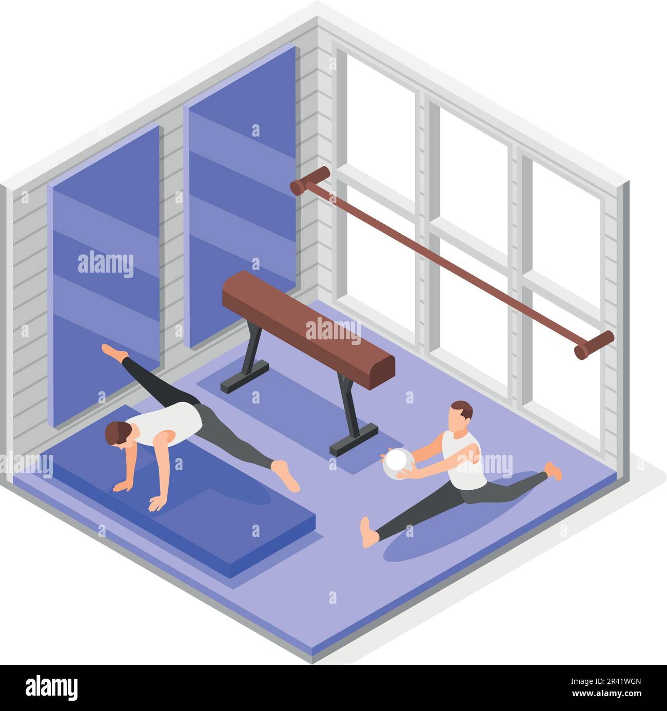Gymnastik-isometrische Zusammensetzung mit Innenansicht des Fitnessraums mit zwei Übungssportlern und Gymnastikapparat-Vektordarstellung Stock Vektor