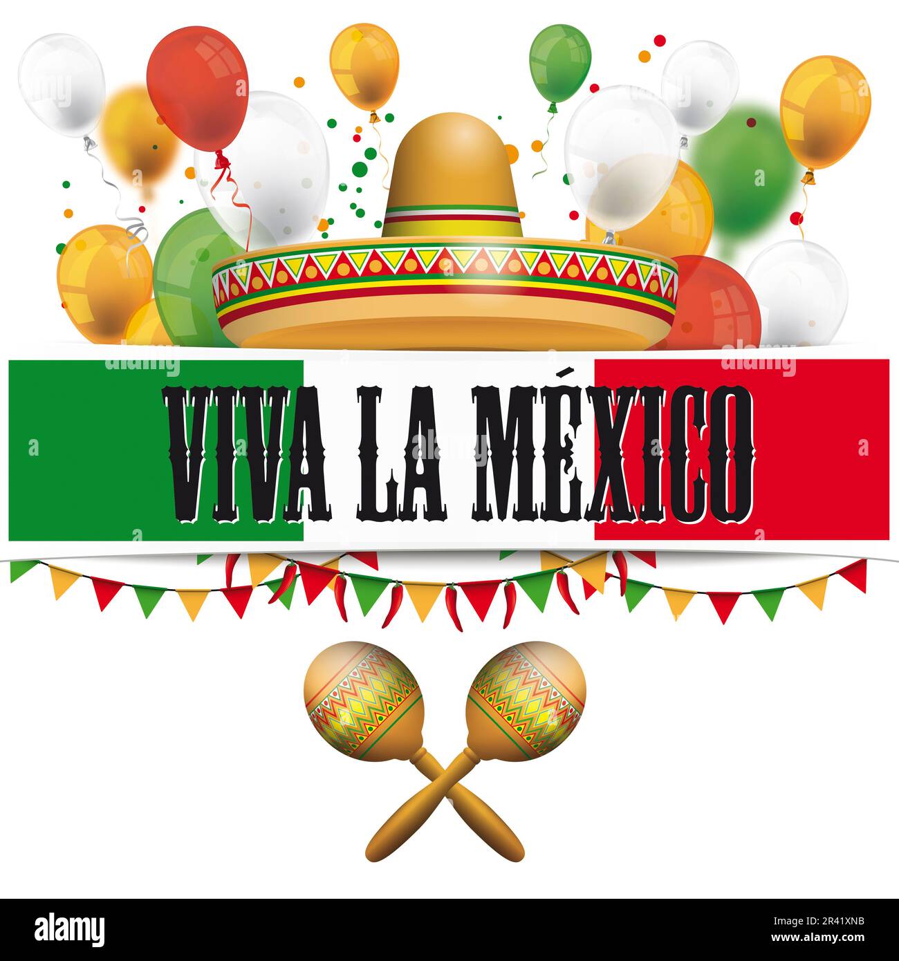 Papierbanner Viva Mexico Häutet Maracas Ballons Stockfoto