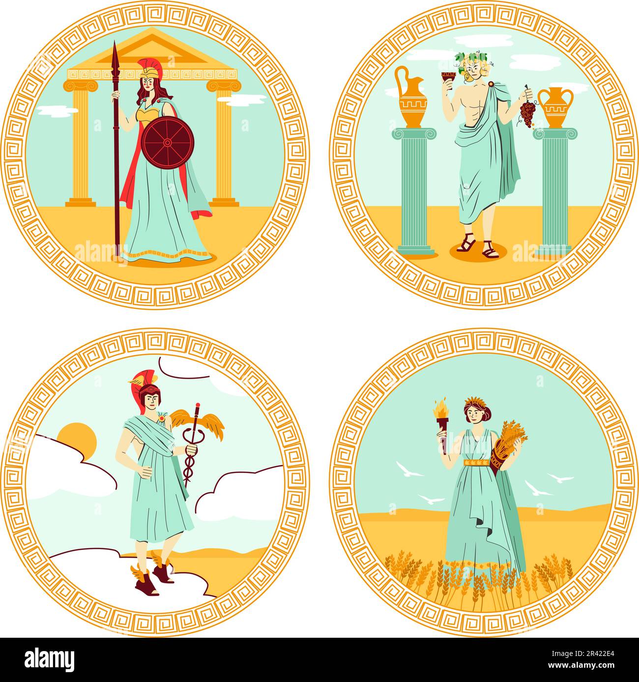 Olympus-Götter vier runde farbige Embleme mit hermes athena Demeter dionysius Persons flache isolierte Vektordarstellung Stock Vektor