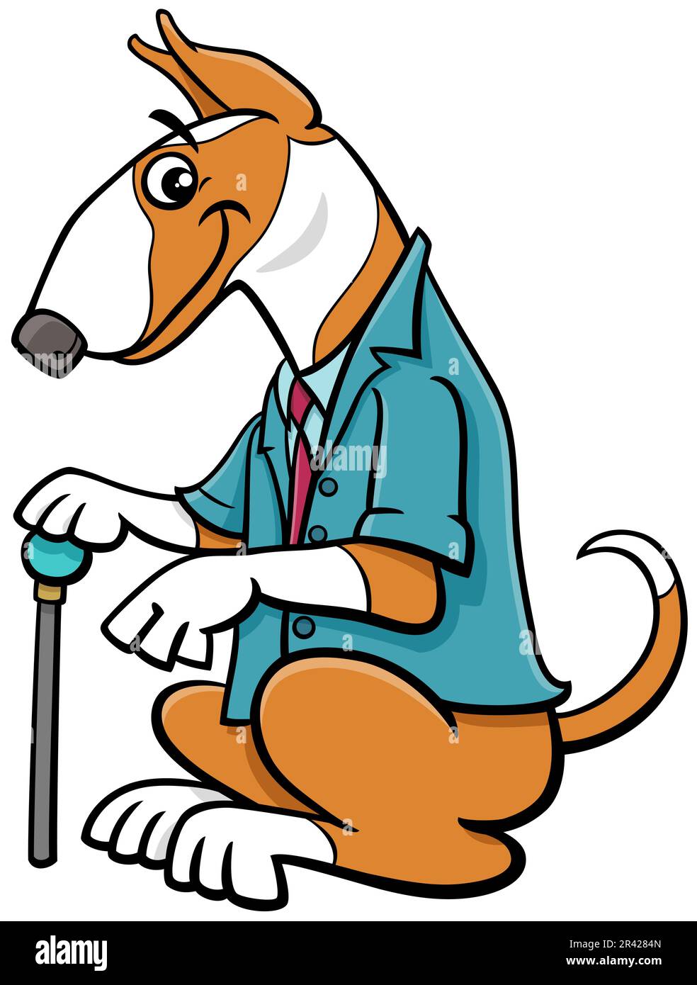 Cartoon Bull Terrier reinrassiger Hund in einem Anzug mit Stock Stockfoto
