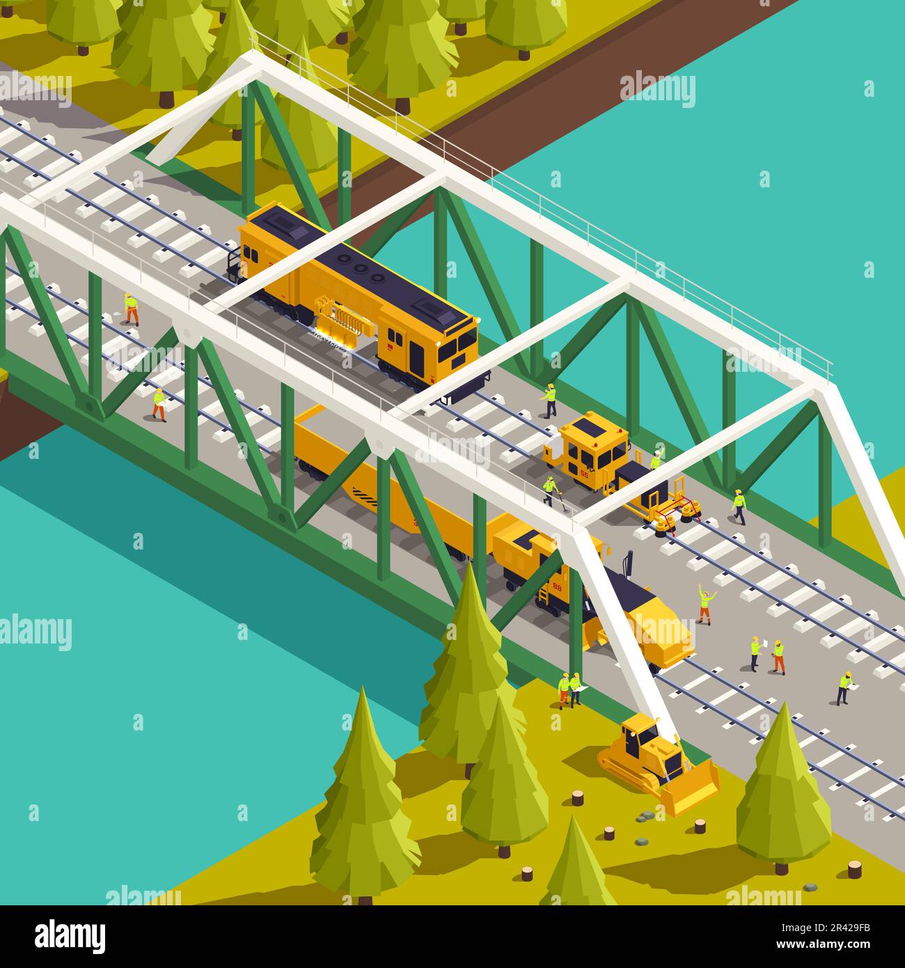 Gleisverlegung Baufahrzeuge Eisenbahnausrüstungsmaschinen isometrische Zusammensetzung mit Außenansicht der Zugbrücken-Vektordarstellung Stock Vektor