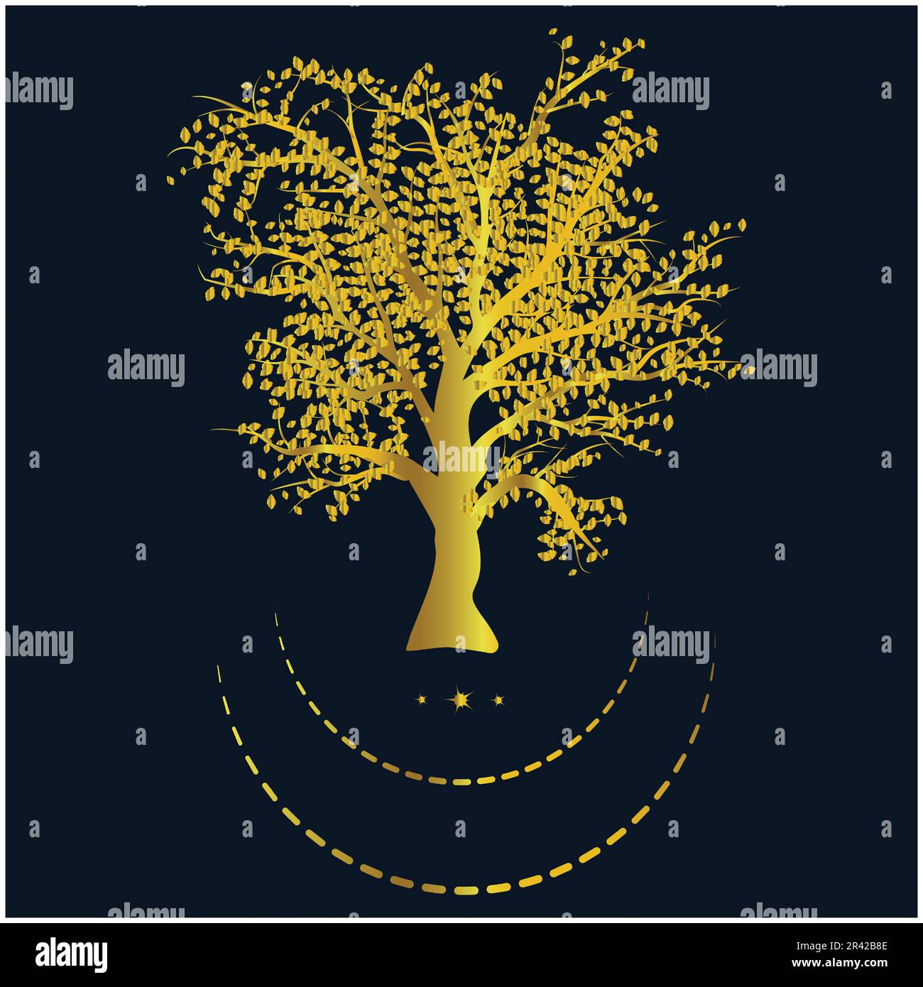 Baum in goldenem Verlauf mit Mondformen. Baumstruktur des Lebens. Goldene Blätter und Äste. Bedruckbarer Wandschmuck. Minimalistisches Wandschmuck-Design Stock Vektor