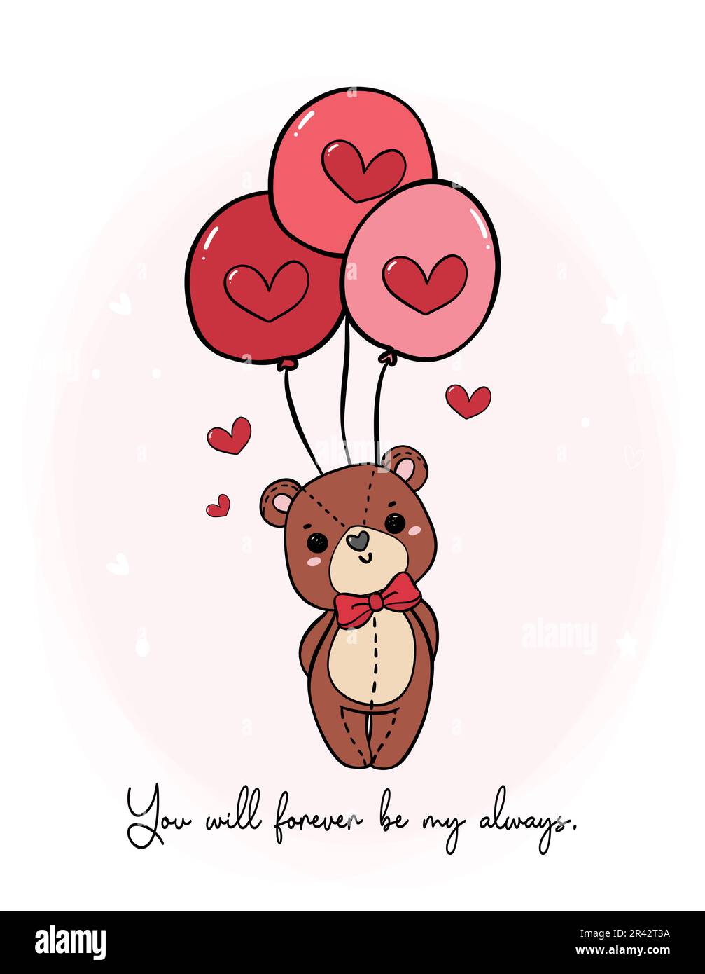Der süße, romantische Teddybär trägt eine rote Schleife, verdeckt Liebesballons und kritzelt handgezeichnet Zeichentrickfiguren isoliert auf weißem Hintergrund Stock Vektor