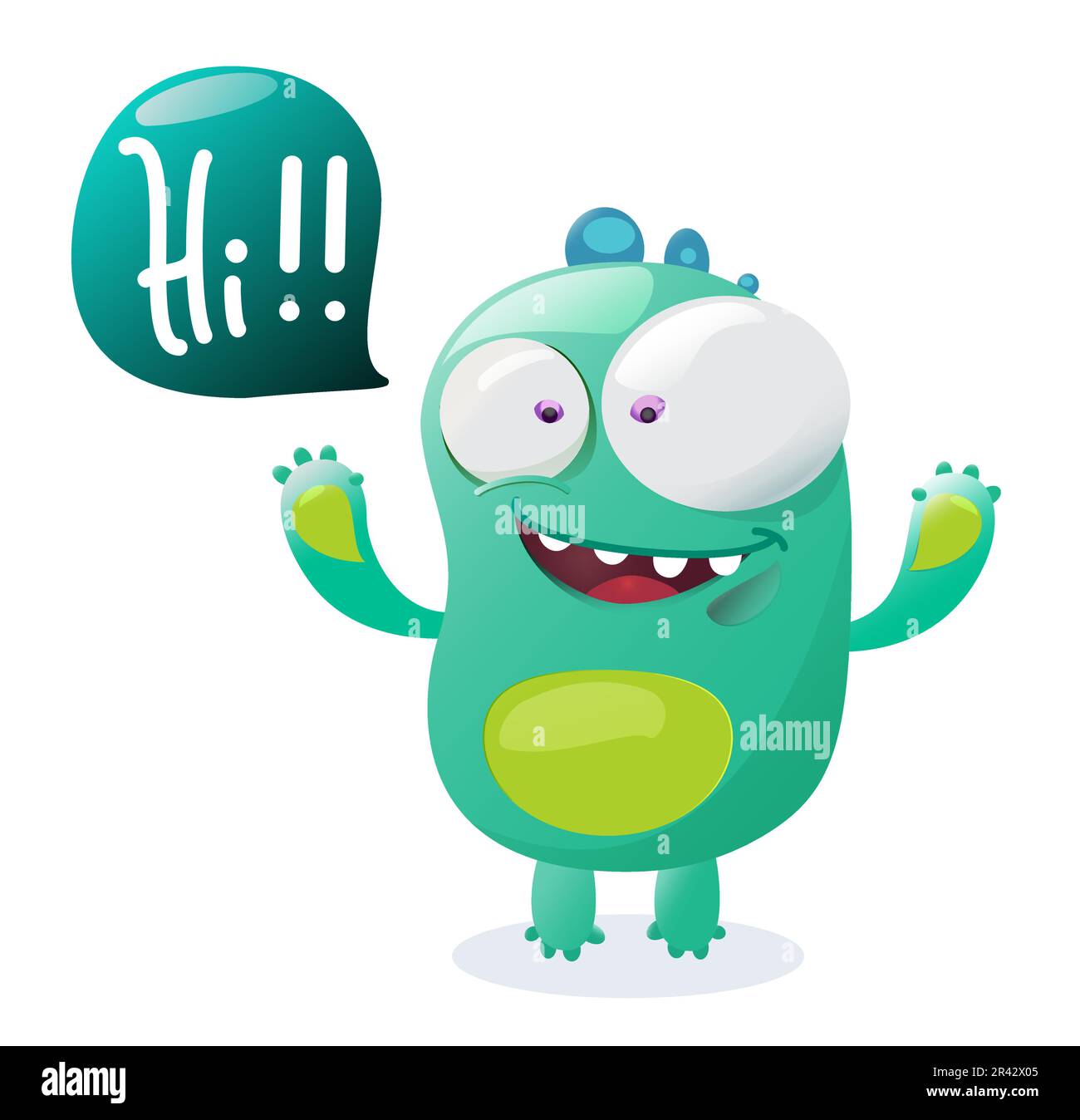 Vektordesign für Monster-Charaktere. Monster-Maskottchen in grüner Farbe mit Grußtext auf weißem Hintergrund. Vektorzeichnung witzig und niedlicher Cartoon Stock Vektor