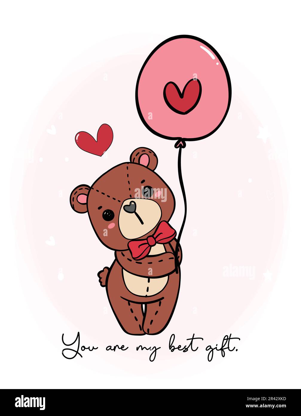 Der süße, romantische Teddybär trägt einen Ballon mit roter Schleife und einem Kritzelhand, der eine Zeichentrickfigur auf weißem Hintergrund zeichnet Stock Vektor