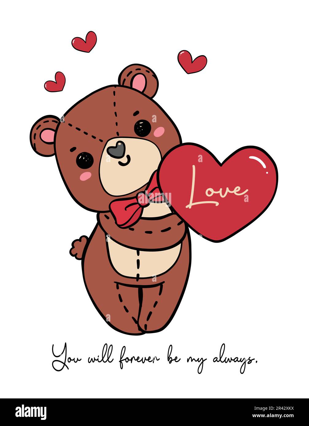 Der süße, romantische Teddybär trägt eine rote Schleife, ein Herz, eine Kritzelhand und zeichnet eine Zeichentrickfigur isoliert auf weißem Hintergrund Stock Vektor