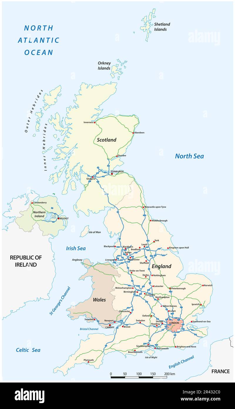 Detaillierte Autobahnvektorkarte des Vereinigten Königreichs Stockfoto