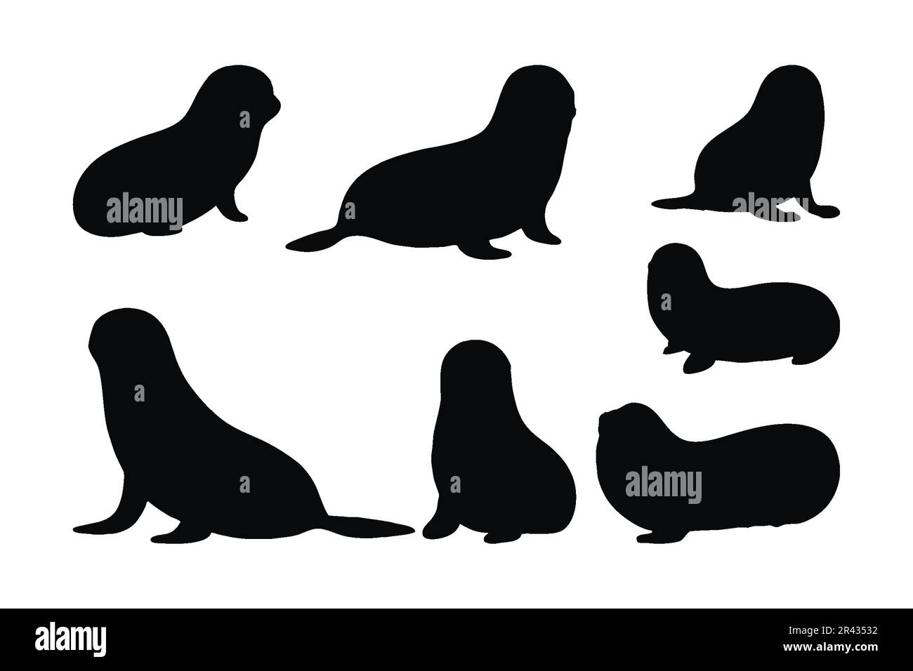 Dichtungen kriechen in verschiedenen Positionen, Silhouettenvektor. Silhouette-Kollektion für Erwachsene mit Siegeln auf weißem Hintergrund. Wunderschöne Meeresbewohner wie sie Stock Vektor