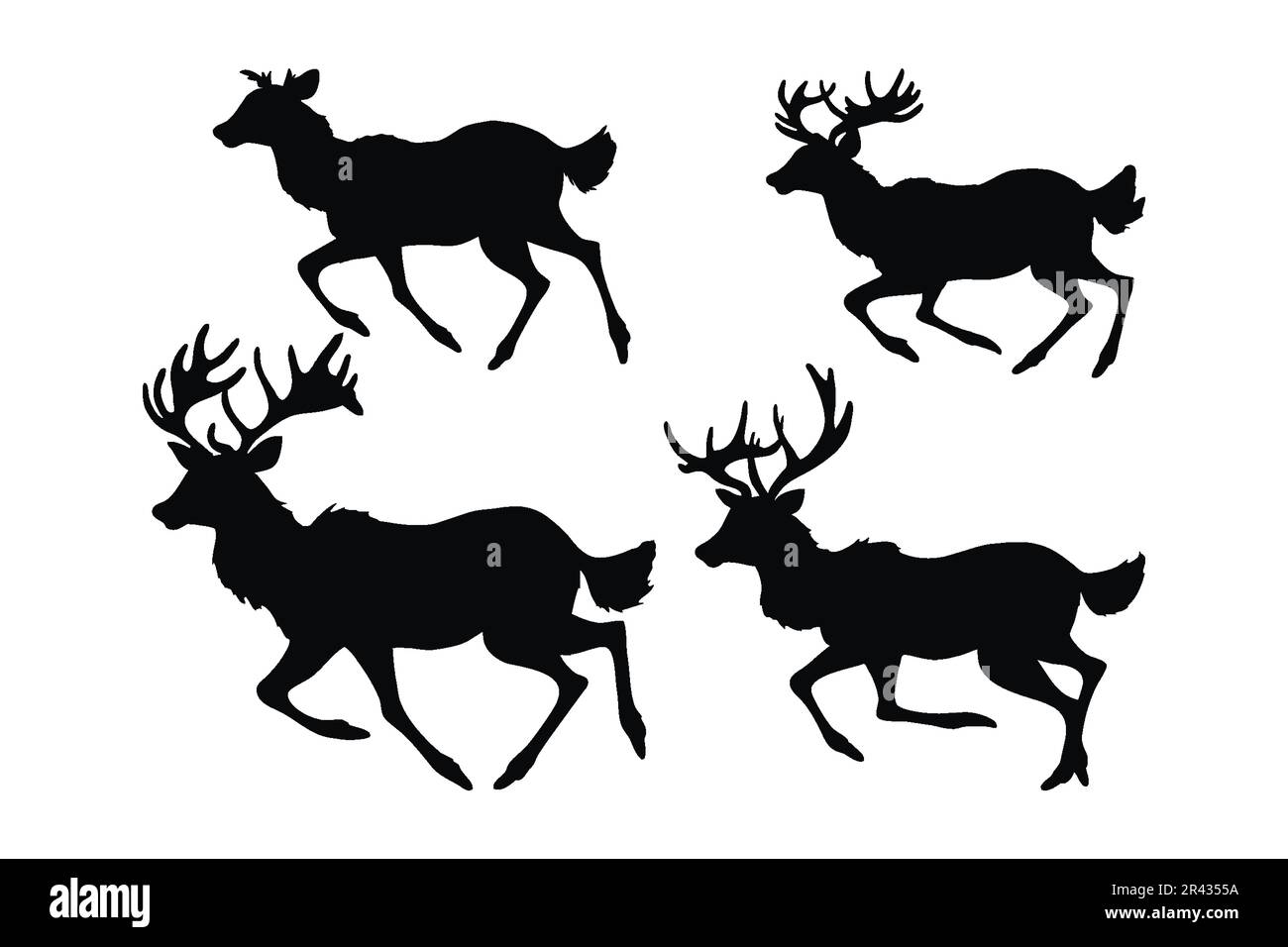 Wildhirsch-Vektordesign auf weißem Hintergrund. Silhouetten-Bundle-Design mit „Wild Walking and Running“-Design. Rentiere laufen Silhouetten-Set-Vektor. Buck läuft Stock Vektor