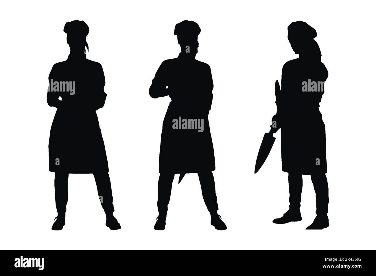 Weibliche Metzgerin mit Messern Silhouette Set Vector. Anonyme weibliche Fleischschneider ohne Gesichter, die in verschiedenen Positionen stehen. Moderne Mädchen-Bu Stock Vektor