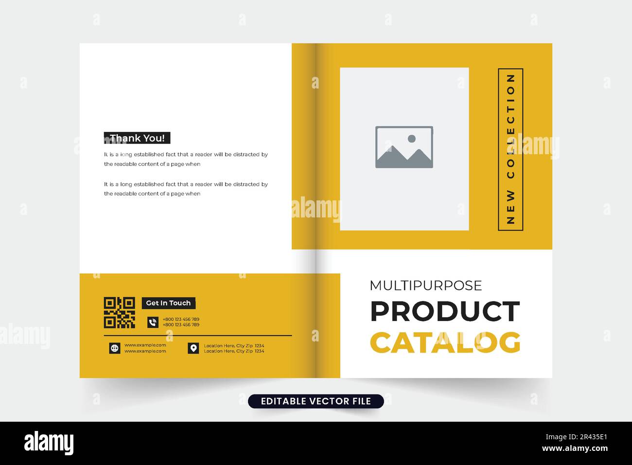 Produktkatalog- und Werbezeitschrift-Cover-Vorlage mit Fotoplatzhaltern. Deckblatt des Firmenprospekts mit gelben und dunklen Farben. Stock Vektor