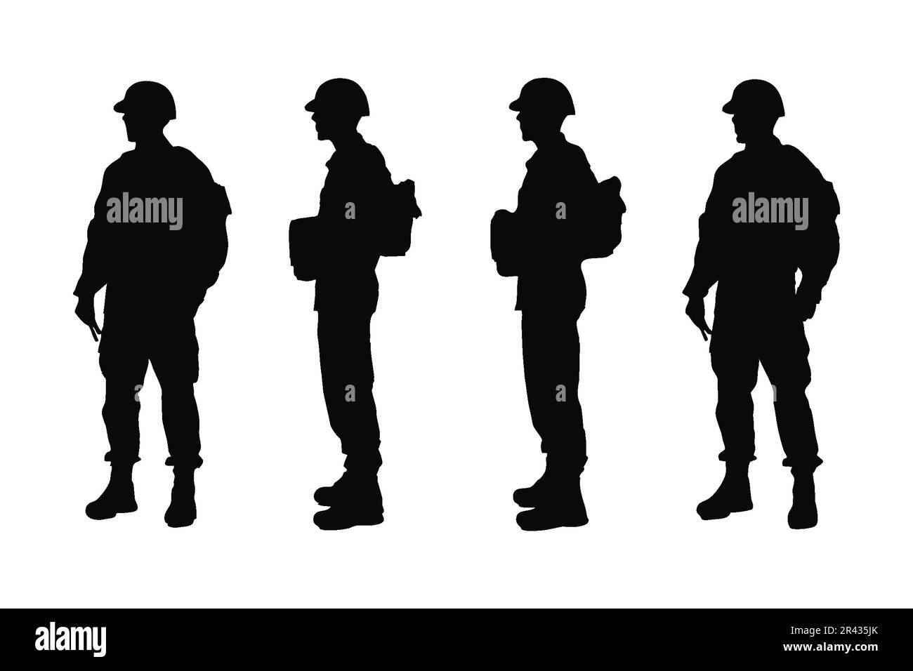 Männlicher Soldat mit Waffensilhouette, Vektor gesetzt. Anonyme männliche Armeen ohne Gesichter, die in verschiedenen Positionen stehen. Moderner Infanterie-Soldat Stock Vektor