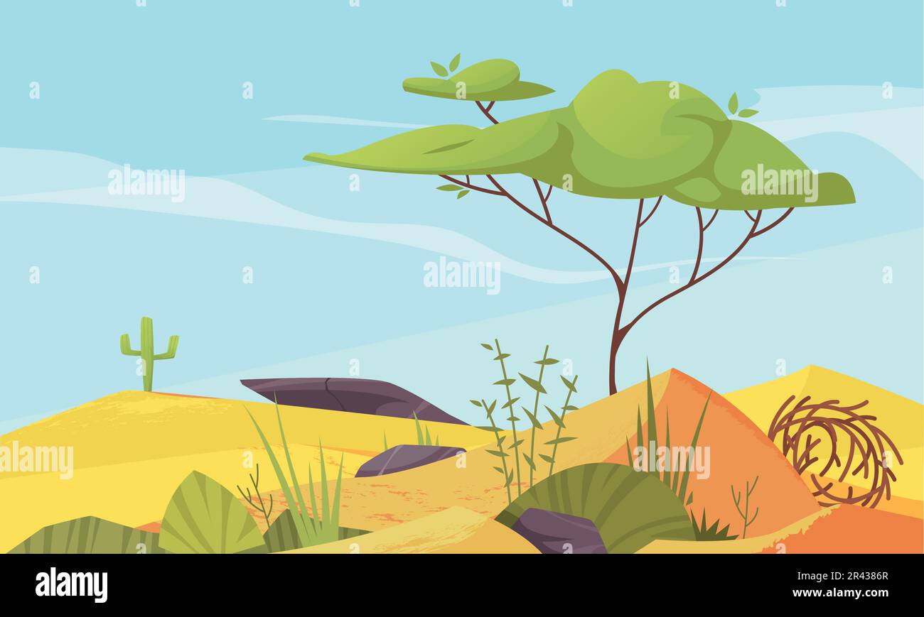 Ökosystem-Typen Cartoon-Poster mit heißem Dessert mit einsamer Baumvektor-Illustration Stock Vektor