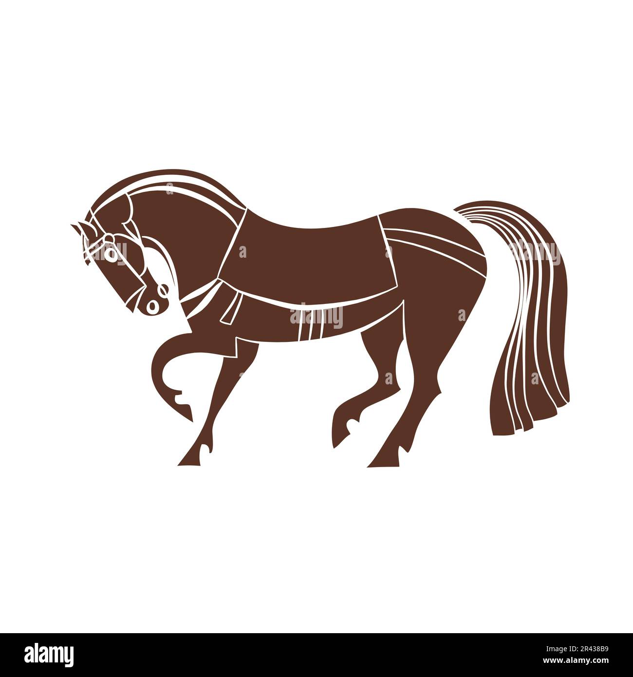 Silhouette mit Sattel-Rennpferd. Bay Horse mit braunen Haaren am Körper. Weiße Umrisse des Hengstes im trendigen linearen Stil. Reiten. Tierhanddrawi Stock Vektor