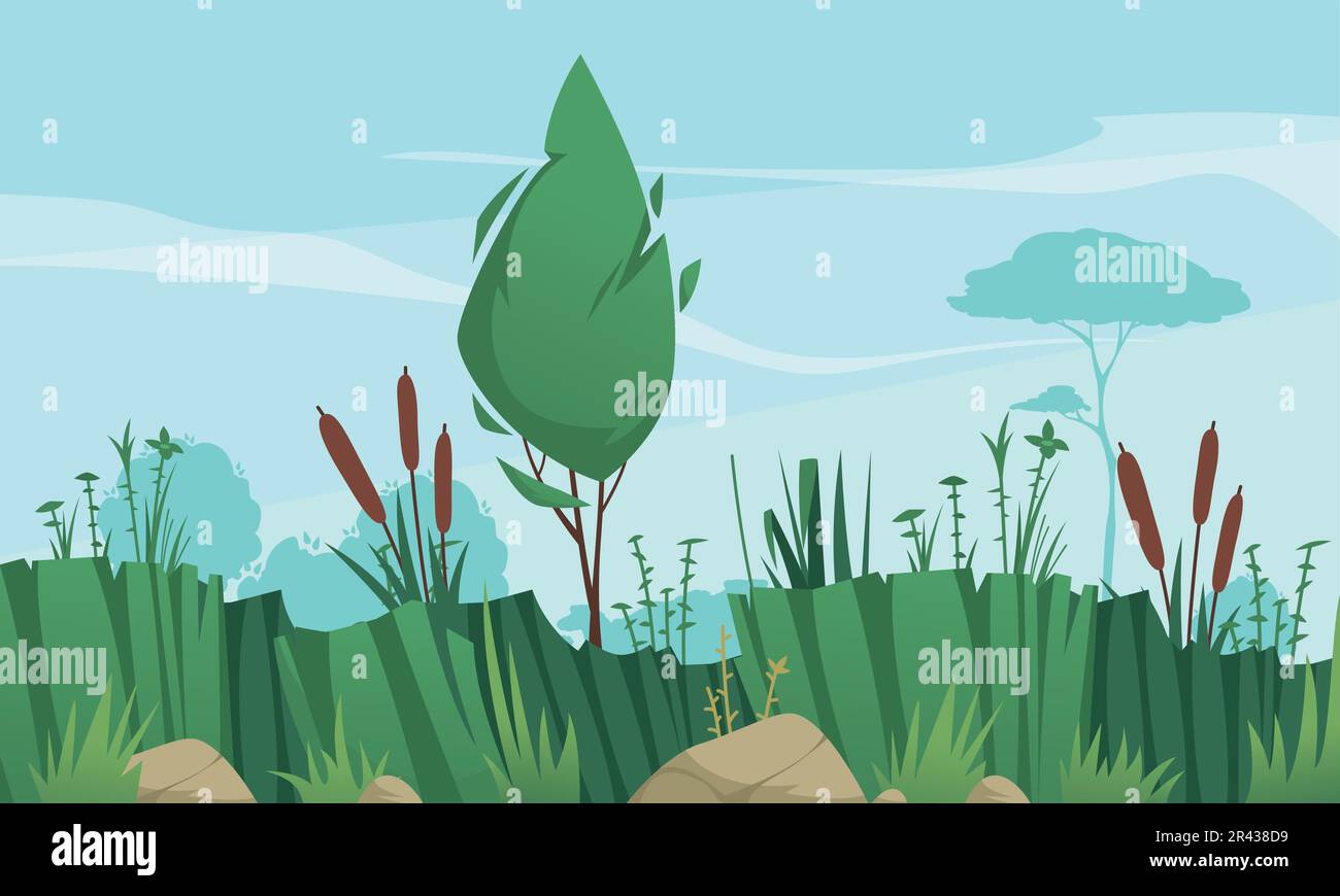 Cartoon-Poster zum Ökosystem Feuchtgebiete mit Darstellung der Vielfalt der Sumpfflora Stock Vektor