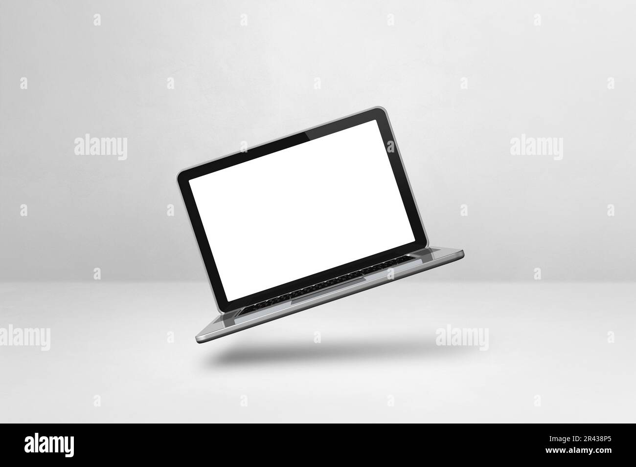 Leerer Computer-Laptop, der über einem weißen Hintergrund schwebt. 3D isolierte Abbildung. Horizontale Vorlage Stockfoto