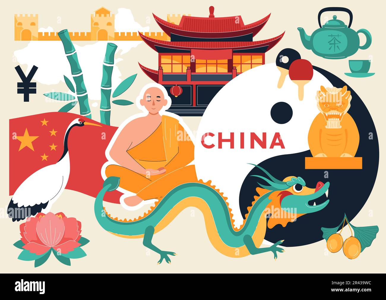 China-Symbol flache Komposition mit Collage aus Flora buddhistischer Mönch antike Architektur Drachen und Pingpong Schläger Vektordarstellung Stock Vektor