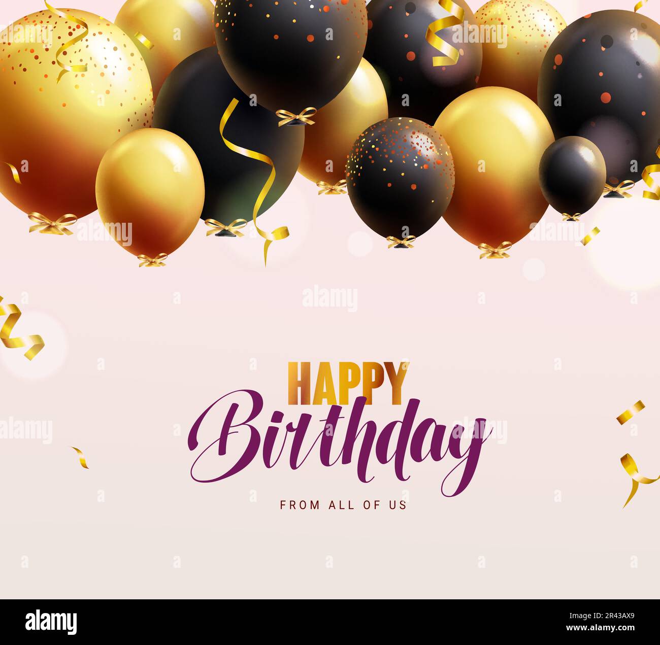 Happy Birthday Text Vector Design. Ballonelemente zum Geburtstag in eleganter Farbe in Gold und Schwarz. Einladungskarte zur Party mit Vektorzeichnung. Stock Vektor