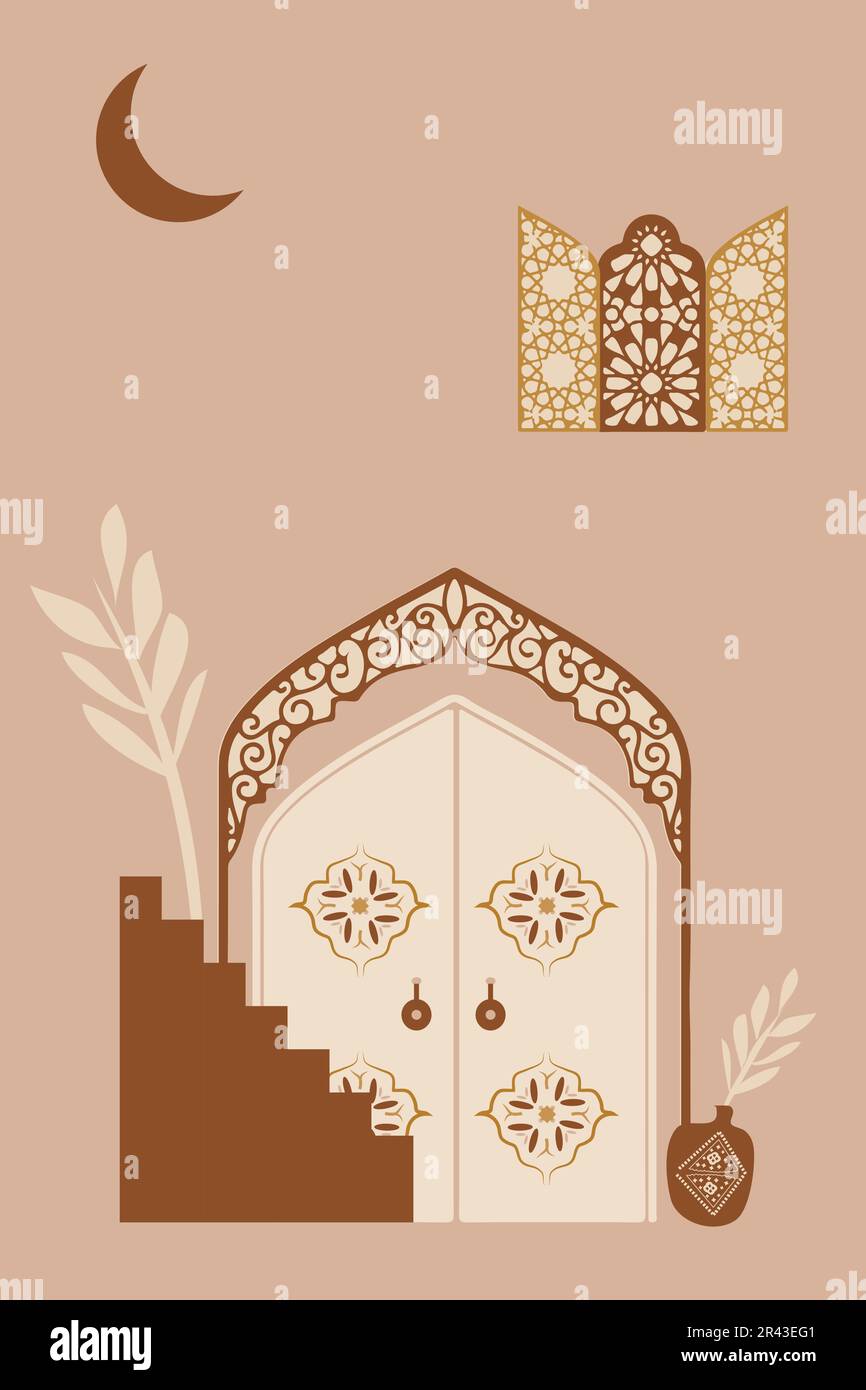 Minimalistischer und islamischer Stil. Marokkanische Szene. Ein marokkanischer Palast, Türen, Fenster und traditionelle Handwerkskunst. Vektordarstellung. Stock Vektor