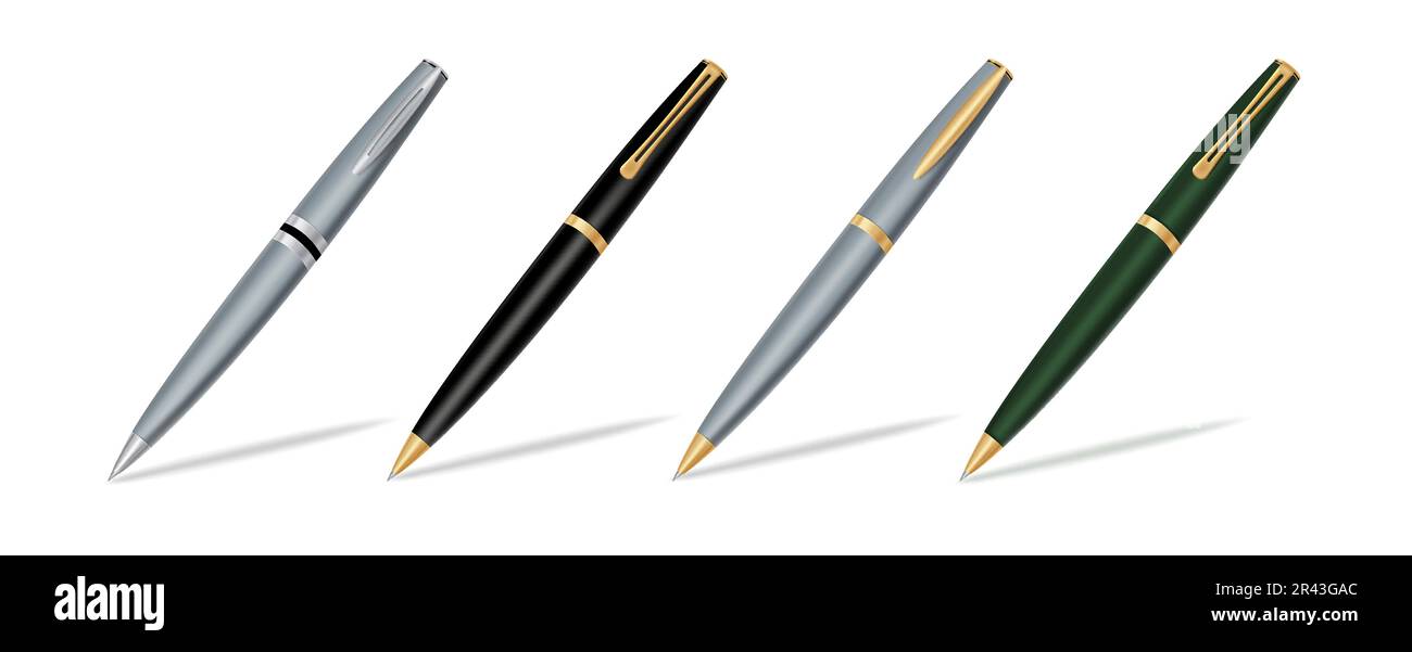 Kugelschreiber mit Vektordesign. Kugelschreiber 3D realistische Elemente in metallischem Kugelschreiber für Büros, Schulen, Unternehmen. Vektor-Zeichenstift Stock Vektor