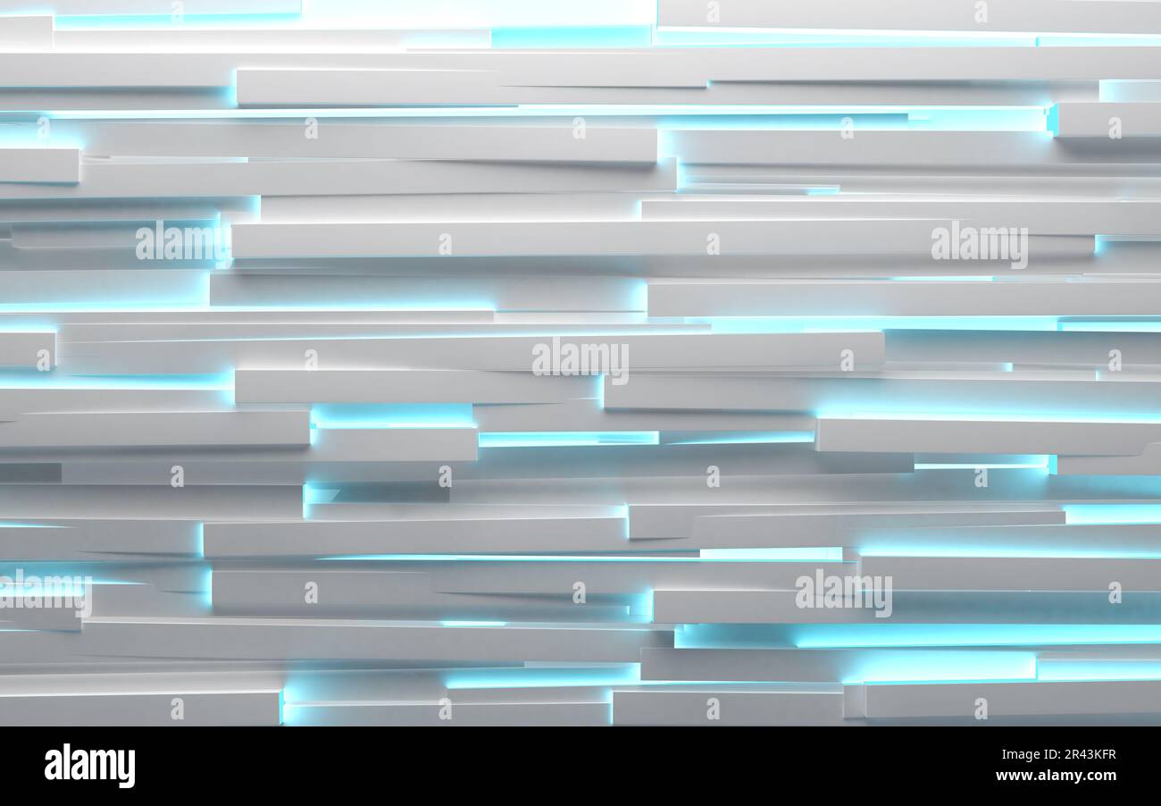 Geometrische Formen und blauer Neon-Modern beleuchten einen leeren Hintergrund. Weiß glänzender technologischer und wissenschaftlicher Hintergrund. 3D Abbildung. Stockfoto
