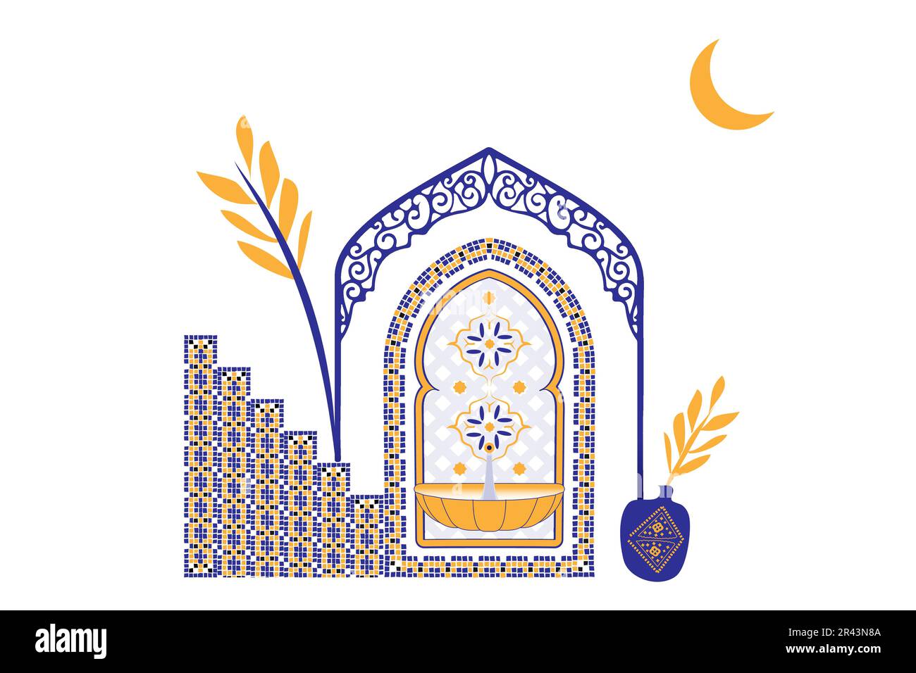 Marokkanische Szene, Haus, Tür, Fenster und traditionelles Mosaikmuster. Islamische Fenster- und Anschnittform festgelegt. Silhouette mit arabischem Tür- und Fensterdesign. Stock Vektor