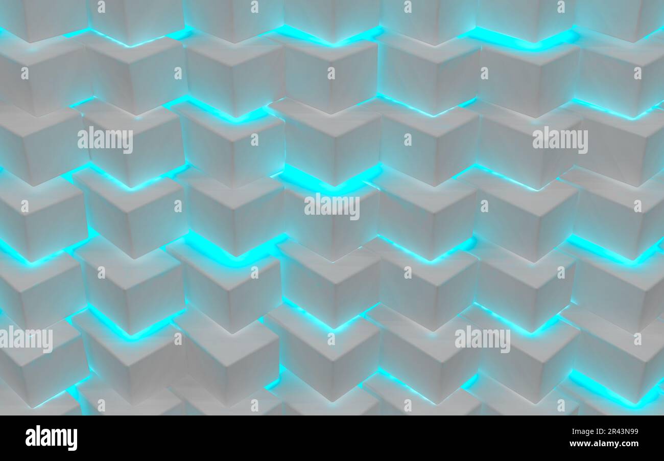 Geometrische Formen und blauer Neon-Modern beleuchten einen leeren Hintergrund. Weiß glänzender technologischer und wissenschaftlicher Hintergrund. 3D Abbildung. Stockfoto