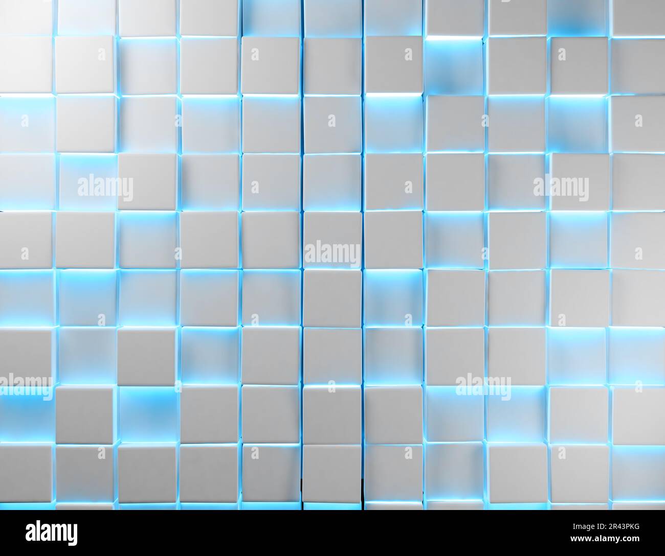 Geometrische Formen und blauer Neon-Modern beleuchten einen leeren Hintergrund. Weiß glänzender technologischer und wissenschaftlicher Hintergrund. 3D Abbildung. Stockfoto