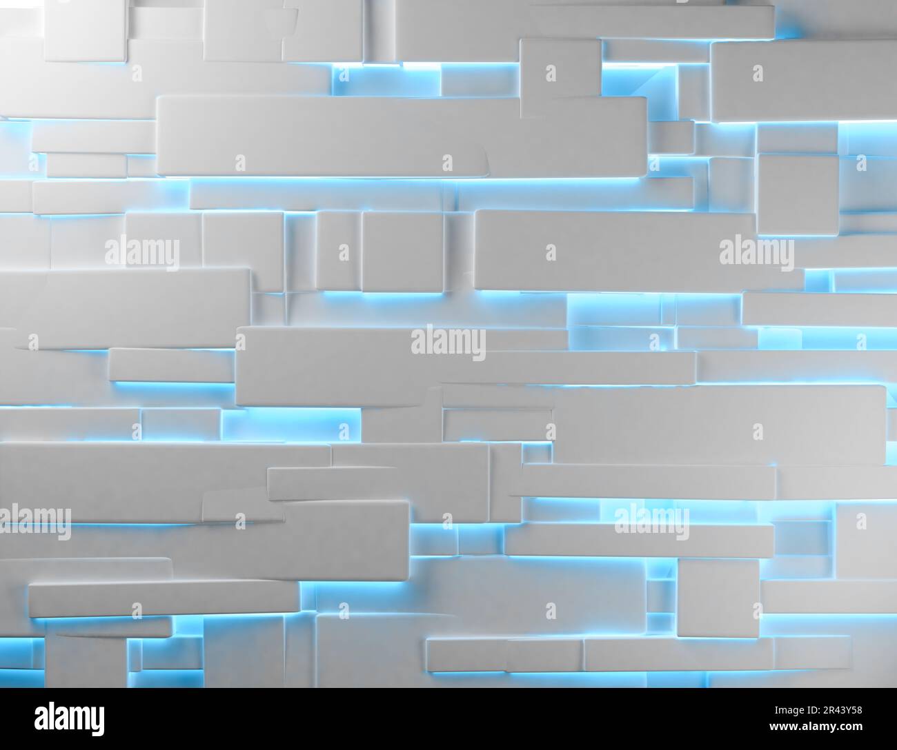 Geometrische Formen und blauer Neon-Modern beleuchten einen leeren Hintergrund. Weiß glänzender technologischer und wissenschaftlicher Hintergrund. 3D Abbildung. Stockfoto