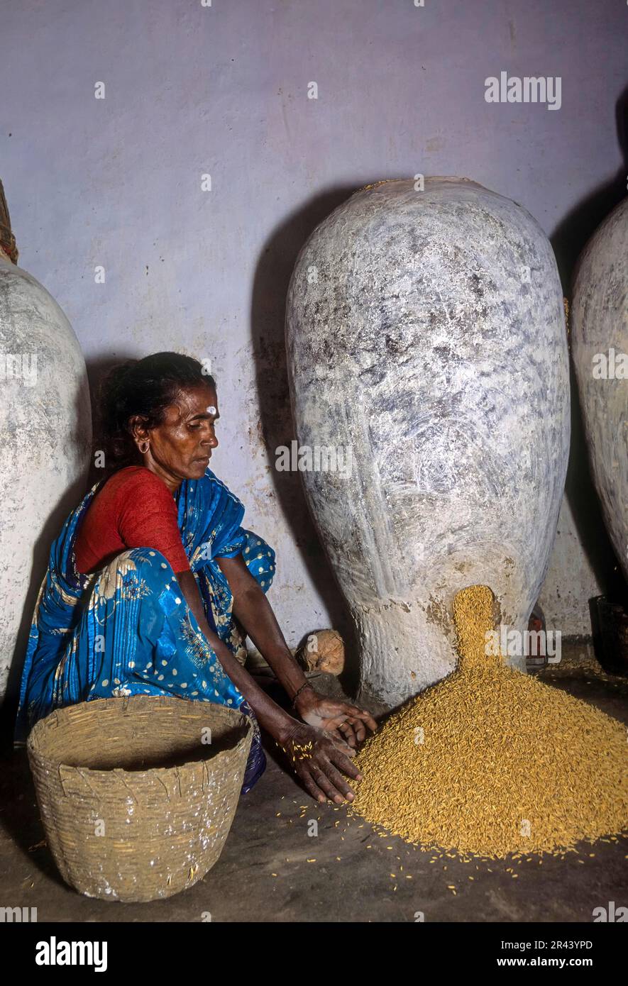 Traditionelle Lagerung von Reiskorn, Tamil Nadu, Südindien, Indien, Asien Stockfoto