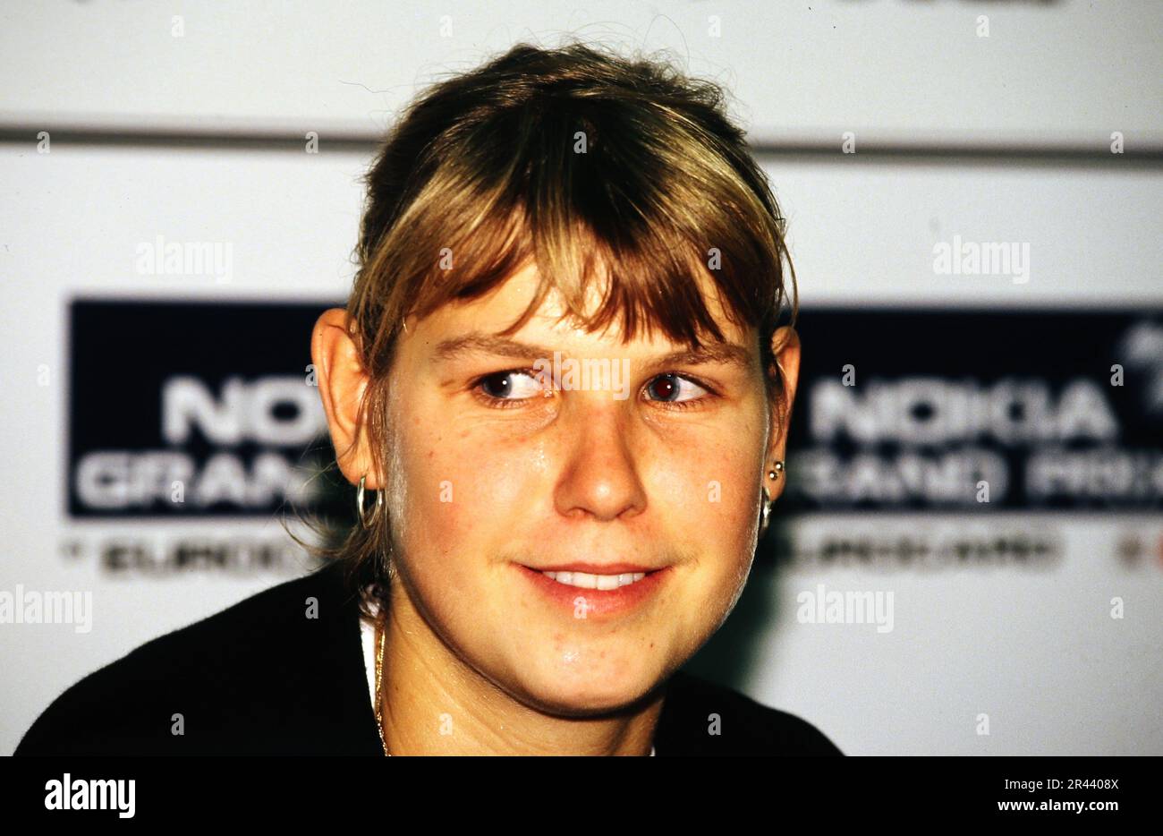 Anke Huber, deutsche Tennisspielerin, bei einer Pressekonferenz Porträt. Stockfoto