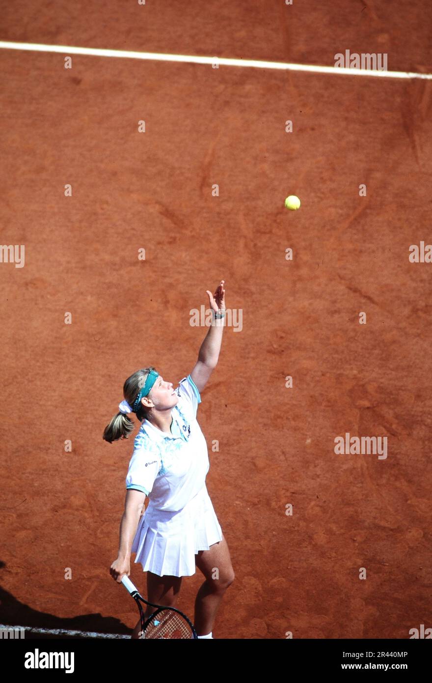 Anke Huber, deutsche Tennisspielerin, auf dem Tennisplatz in Aktion. Stockfoto