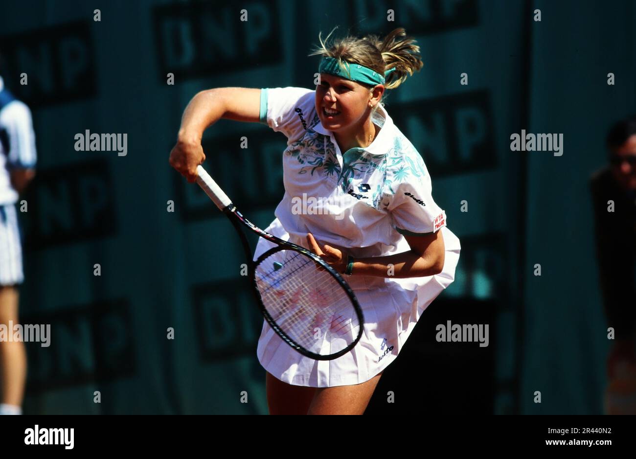 Anke Huber, deutsche Tennisspielerin, auf dem Tennisplatz in Aktion. Stockfoto