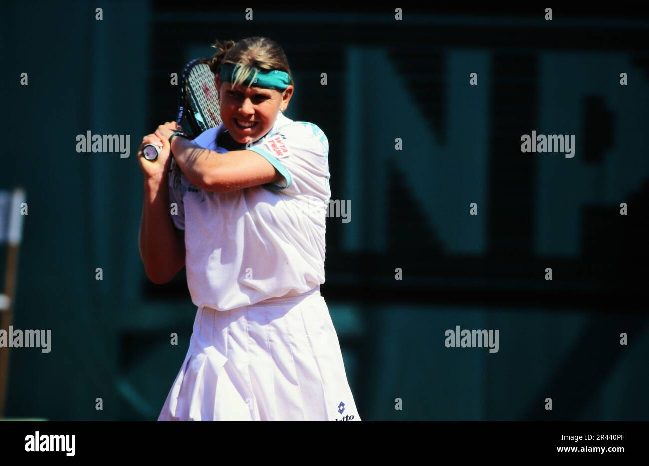 Anke Huber, deutsche Tennisspielerin, auf dem Tennisplatz in Aktion. Stockfoto