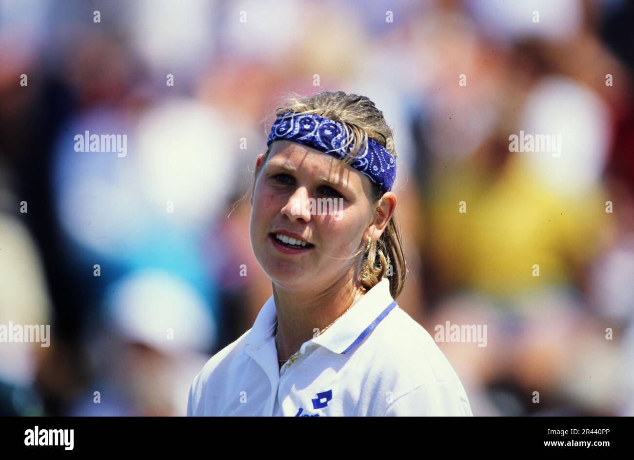 Anke Huber, deutsche Tennisspielerin, auf dem Tennisplatz Porträt. Stockfoto