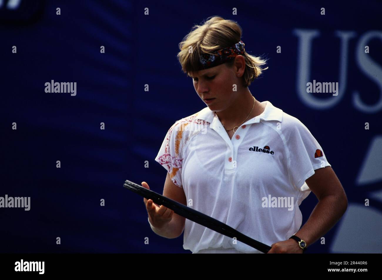 Anke Huber, deutsche Tennisspielerin, auf dem Tennisplatz in Aktion. Stockfoto