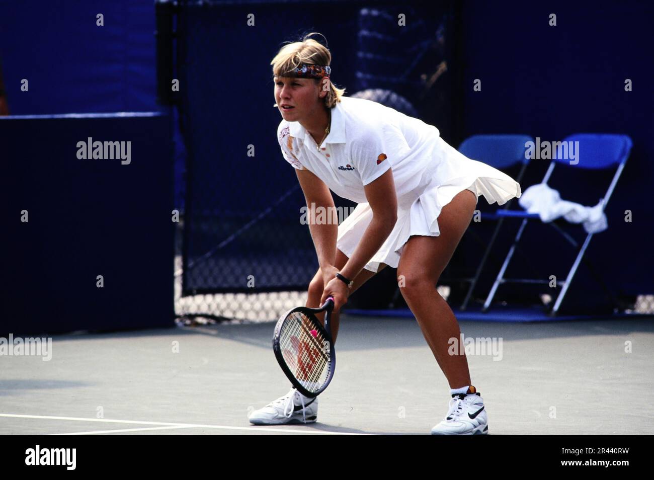 Anke Huber, deutsche Tennisspielerin, auf dem Tennisplatz in Aktion. Stockfoto