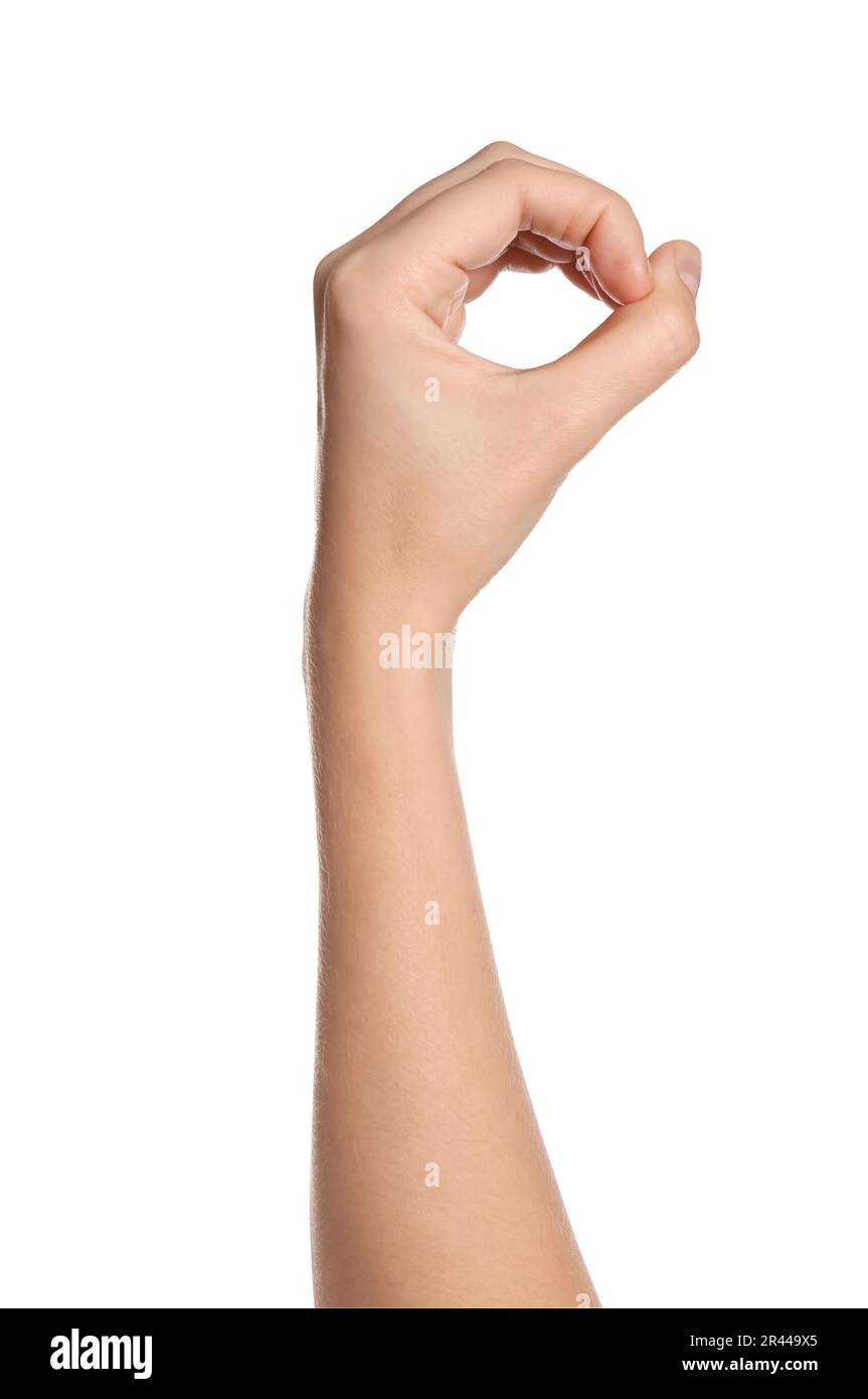 Eine Frau, die auf weißem Hintergrund Gesten macht, eine Nahaufnahme der Hand Stockfoto