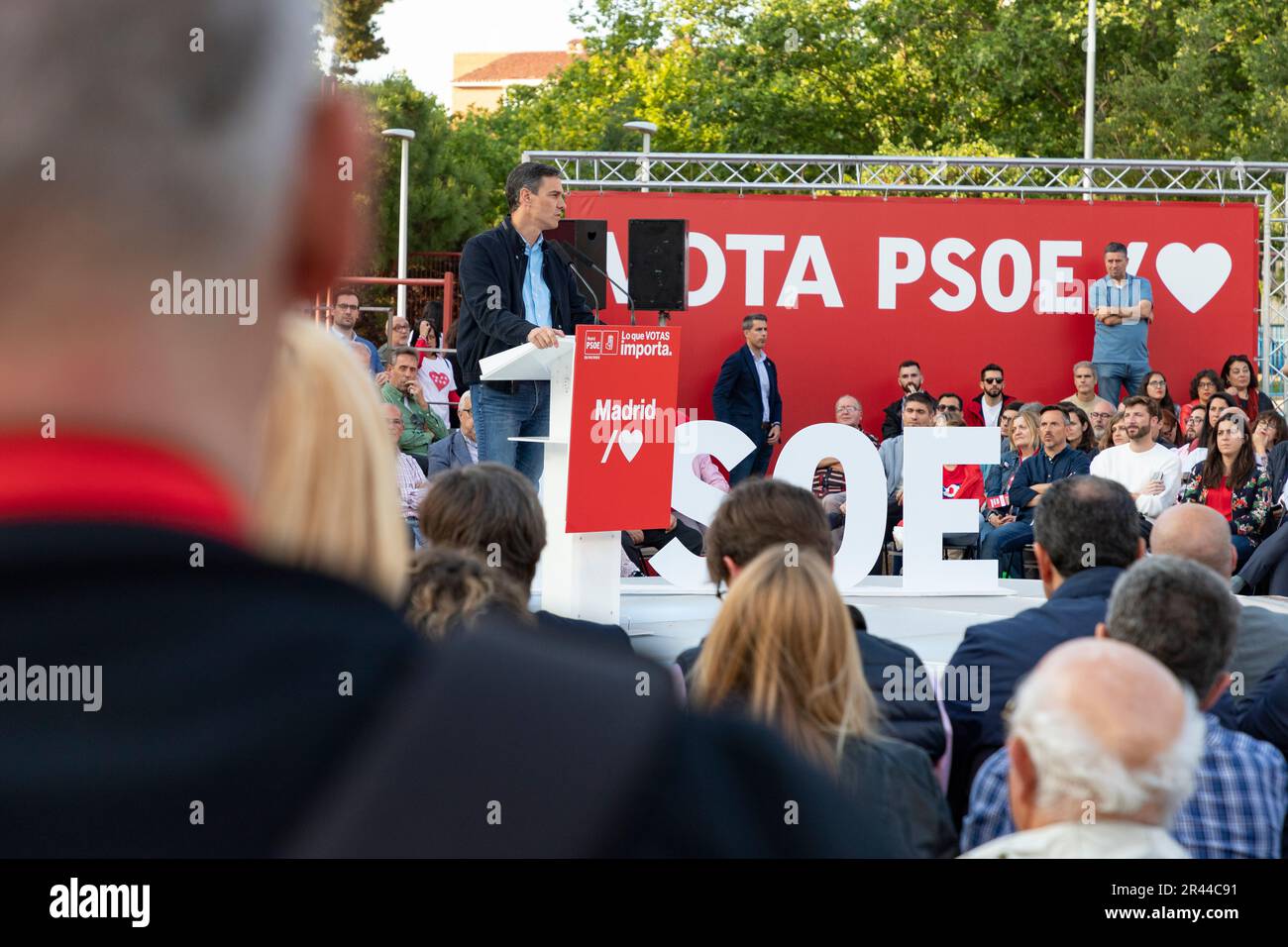 Pedro Sanchez Perez-Castejon. Massiver Akt der PSOE. Präsident Spaniens bei einer politischen Kundgebung. MADRID, SPANIEN - 25. MAI 2023. Stockfoto