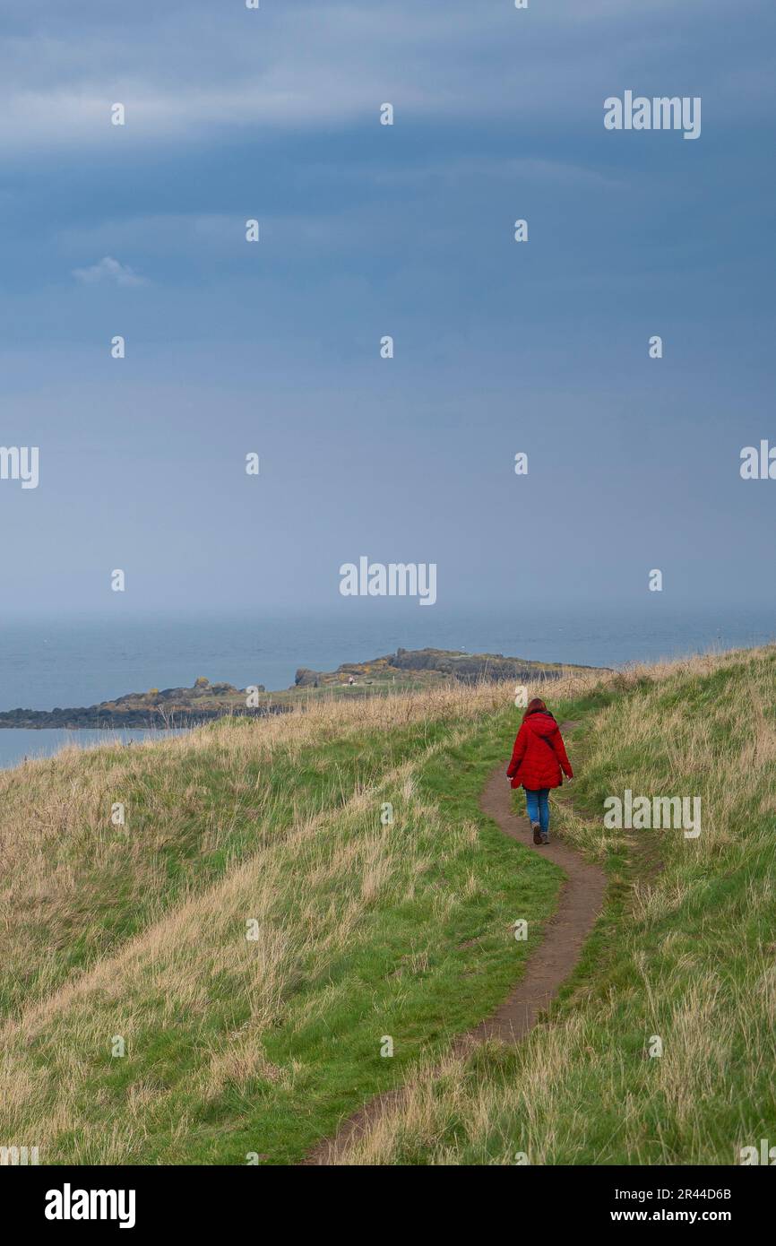Ein Mädchen, das auf einem Küstenpfad in Nord-berwick, schottland, großbritannien, spaziert Stockfoto