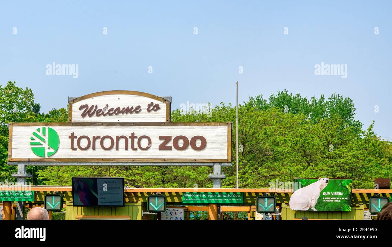 Auf dem Eingangsschild steht Welcome to Toronto Zoo, Kanada Stockfoto