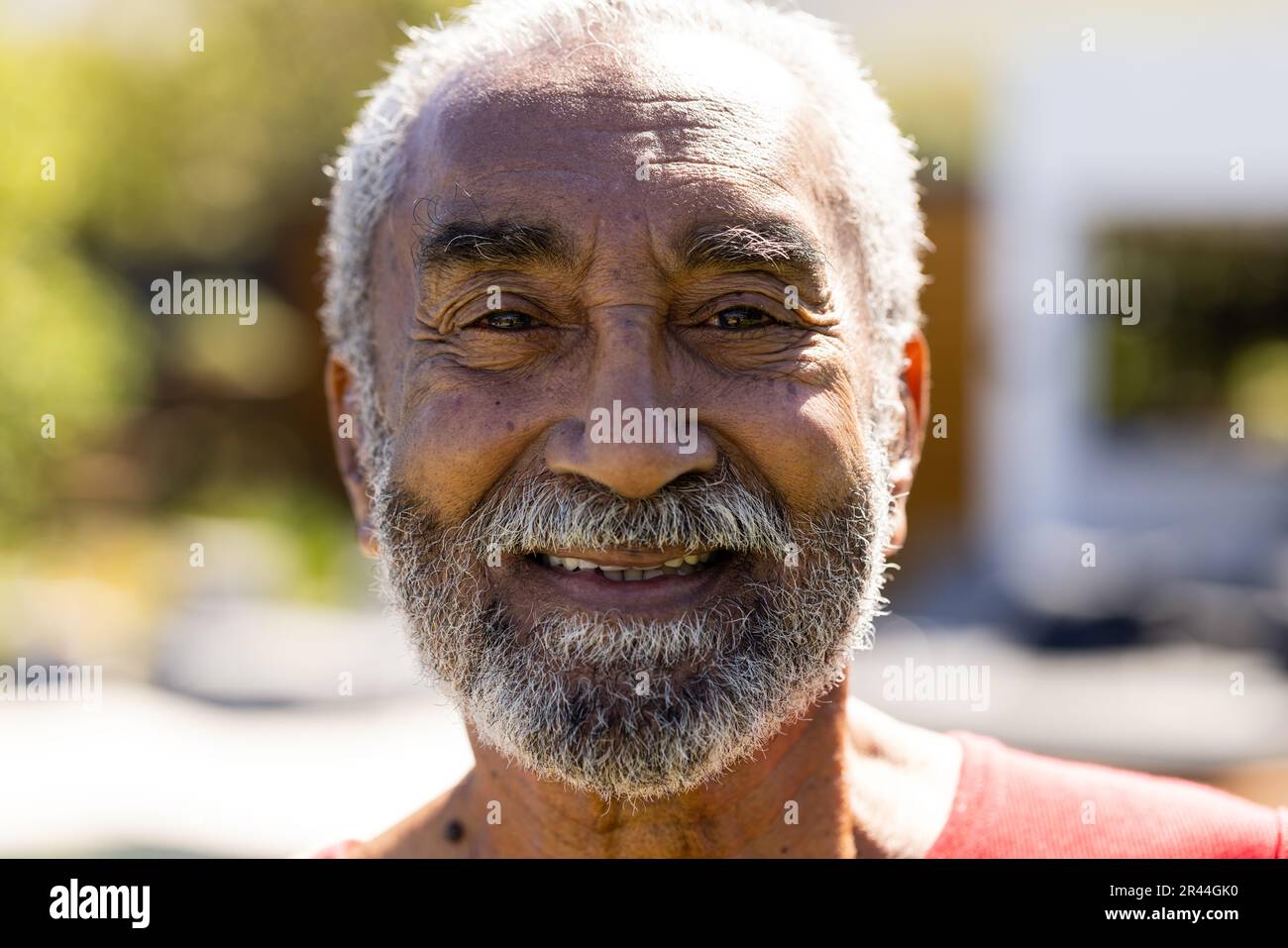 Porträt eines glücklichen älteren, birassischen Mannes mit Bart, der in die Kamera schaut und im sonnigen Garten lächelt Stockfoto