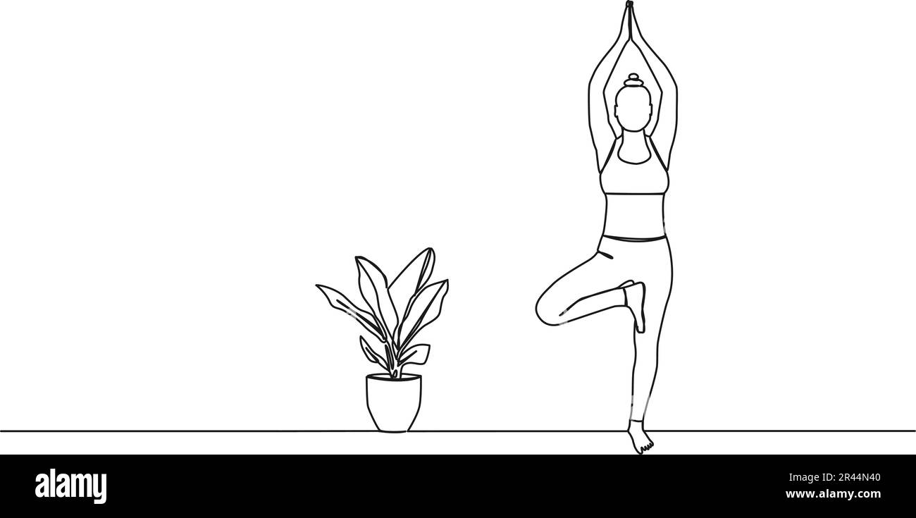 Kontinuierliche einzeilige Zeichnung einer Frau in Yoga-Baumposition, Strichgrafiken-Vektordarstellung Stock Vektor