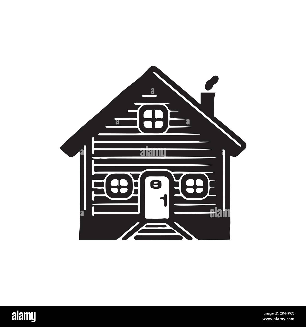 Holzkabine in scandi Linocut-Vektordarstellung. Alpenhütte im Landurlaub Dorf Cartoon. Stock Vektor