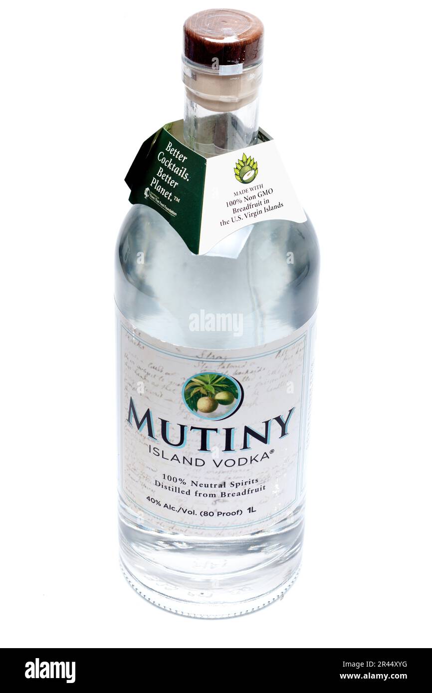 Flasche 40% Mutiny Island Vodka destilliert aus Brotfrucht und Karibik Wasser auf den Amerikanischen Jungferninseln Stockfoto