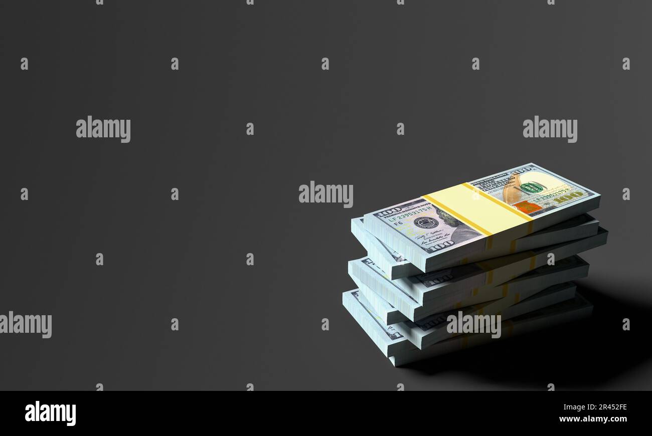 Geldstapel aus Dollars mit schwarzem Hintergrund. Dollar-Finanzkonzeption. 3D-Rendering Stockfoto