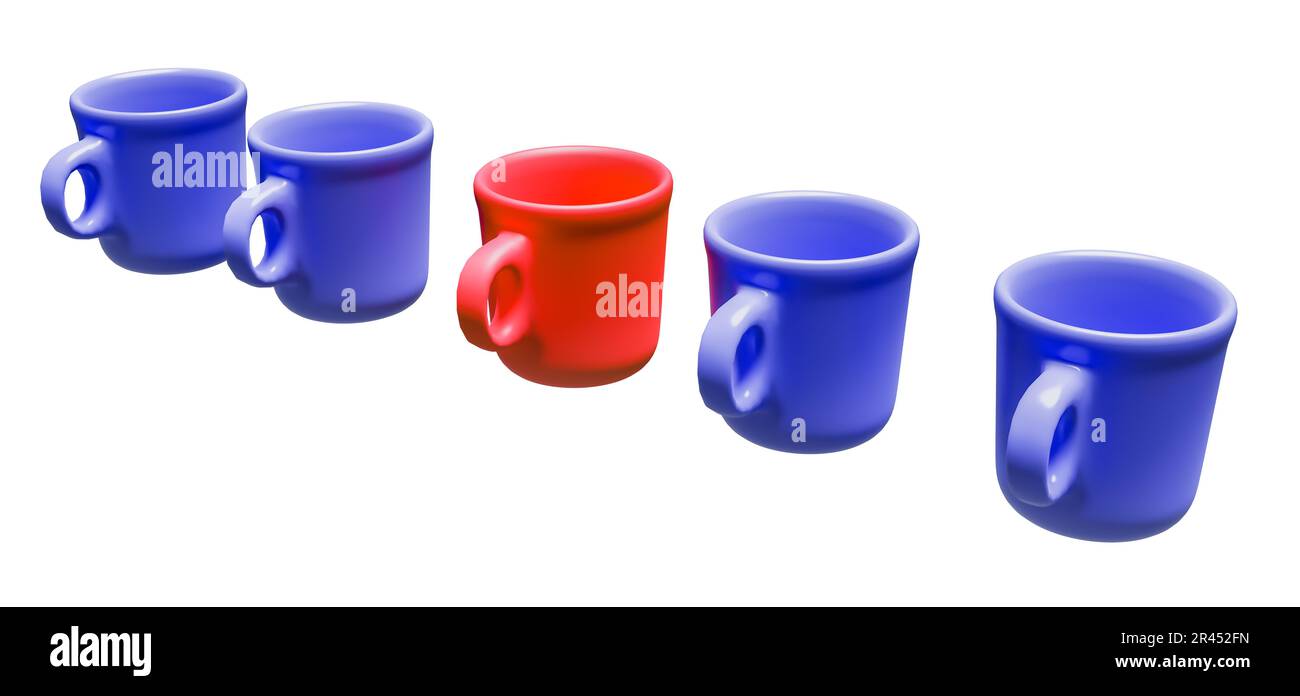 Eine einzelne rote Tasse mit anderen blauen Tassen, isoliert auf weißem Hintergrund. Geschäftskonzept. Stockfoto